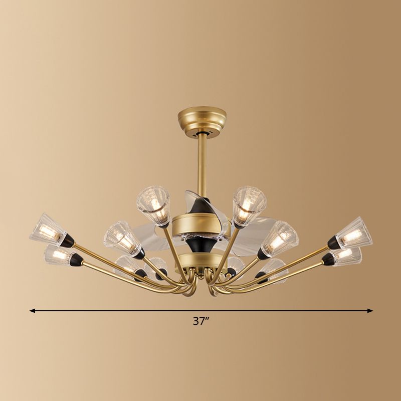 Prismatische Kristallkegel halb Flush Mount Kronleuchter postmoderner Messing 3-Blade-Hängende Lüfterlicht mit Fernbedienung
