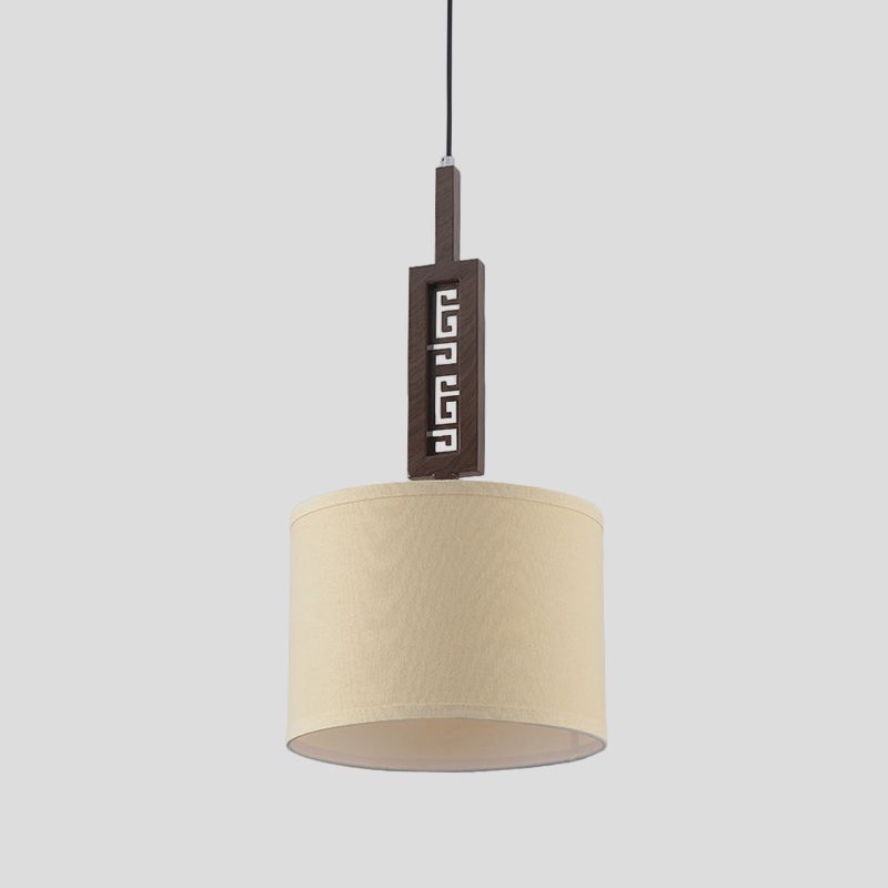 Brown Carved Down Lighting Modernist 1 Bulb Wood Hanging Lamp Kit with Drum Fabric Shade