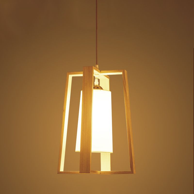 Trapezoid Pendant Light Asia Wood 10"/11" Wide 1 Head Beige Ceiling Suspension Lamp with Cylindrical Fabric Shade