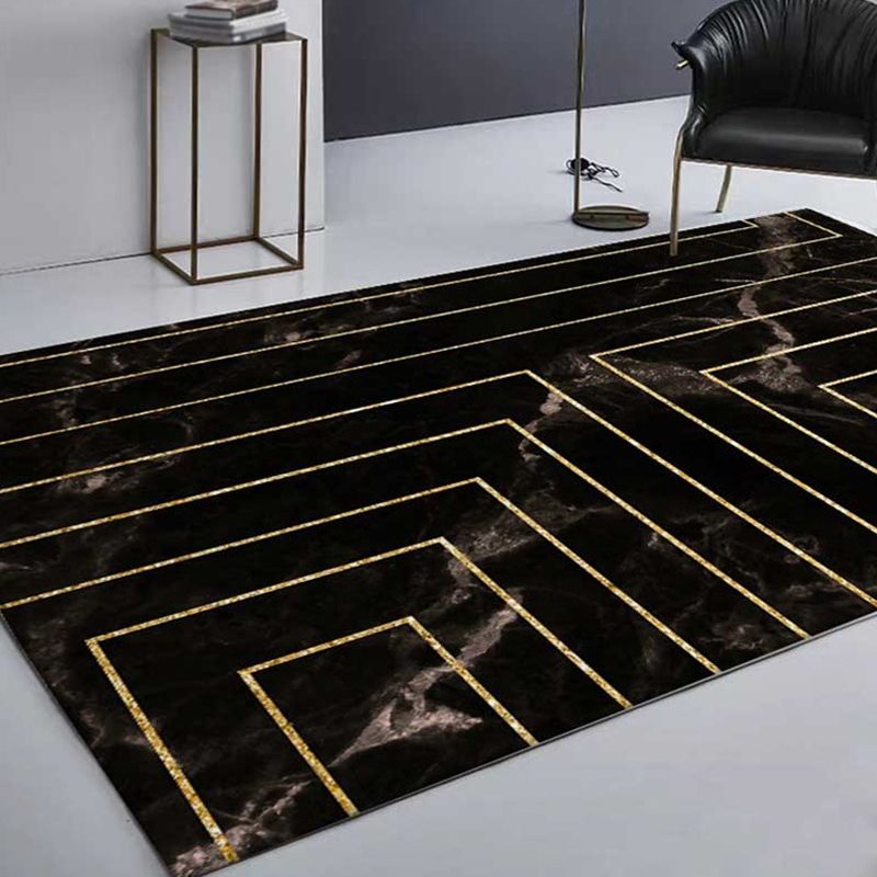 Black Marble Surface Pattern Area Rug with Stripe Polyester Modern Rug Washable Anti-Slip Backing Rug for Decoration