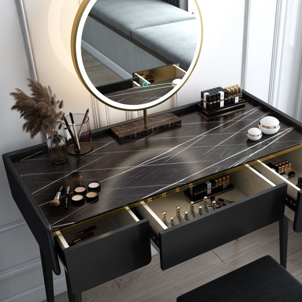 Glam Wooden Frame Dressing Table Slate Top Vanity with Drawers