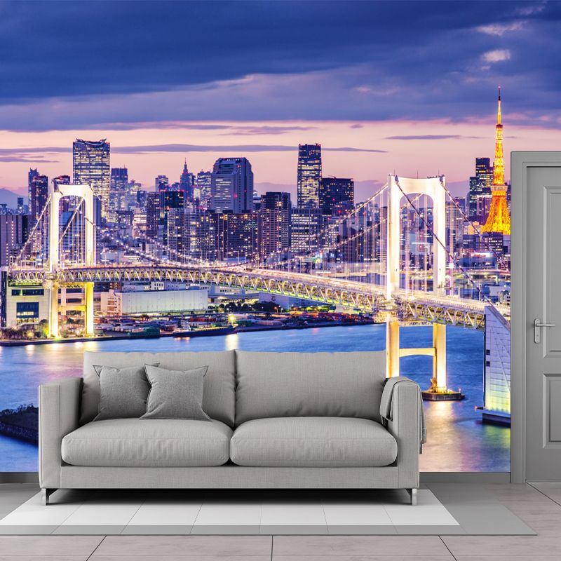 Full Size Simplicity Wall Covering in Purple Bridge and Sunset Mural Wallpaper, Custom-Printed