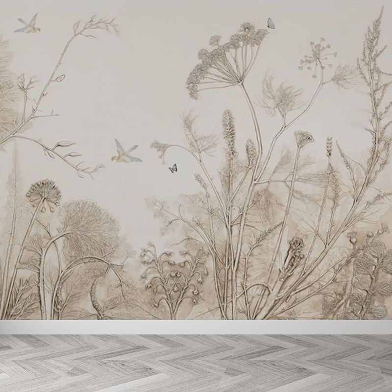 Pencil Sketch Botanical Mural Wallpaper Modern Smooth Wall Covering in Grey for Room