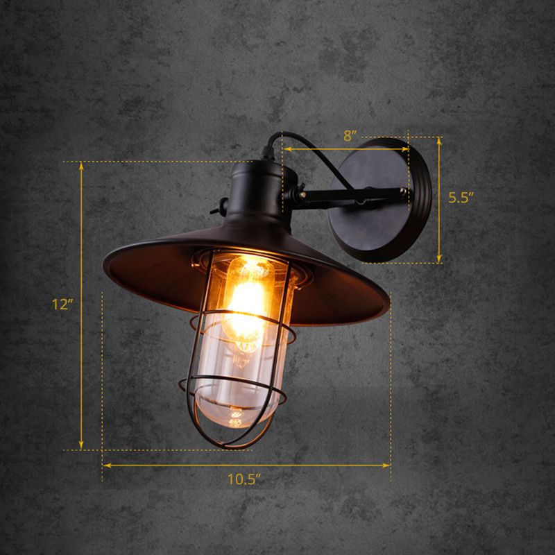 Lámpara de pared giratoria de metal cónico Rústica 1 cabeza Comedor Luz de pared Luz montada con protector de vidrio de alambre en negro