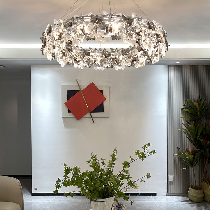 Flowering Butterfly Shape Crystal Circular Pendant Lamp for Living Room Bedroom