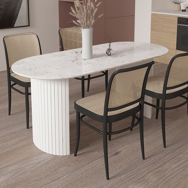 Free Form Sintered Stone Dining Table Modern White Furniture with Wood Double Pedestal