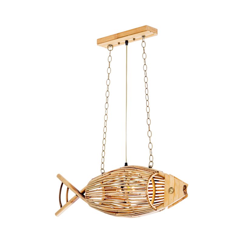 1 bulbo de techo de techo lámpara de madera asiática lámpara con sombra de bambú de pescado