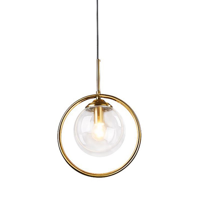 Gold Globe Pendant Lamp Postmodern 1 Head Smoke Gray/Clear Glass Hanging Light Kit for Bedroom
