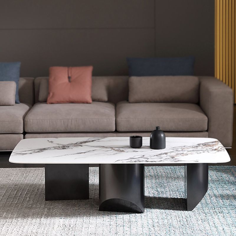 Glam White Coffee Table with 3 Black Steel Legs and Stone Top