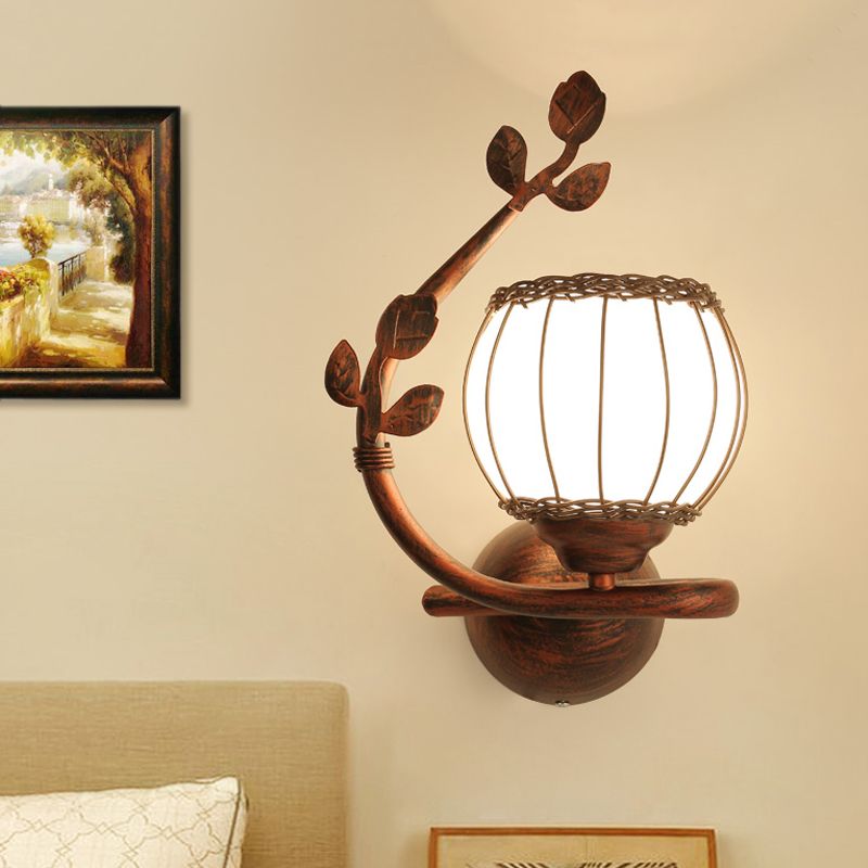 1 Light Bedroom Wall Mounted Lamp Rustic Dark Wood Sconce Light with Globe Milky Glass Shade, Right/Left