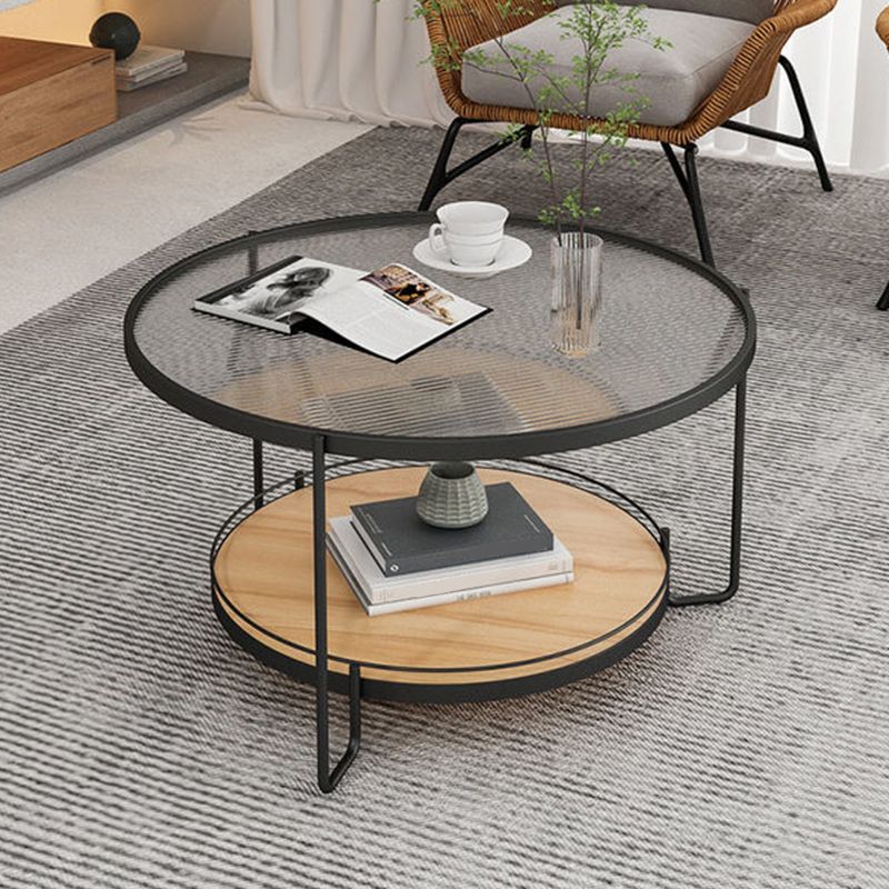 Glass Round Coffee Table 3 Legs Base Type Cocktail Table with Storage