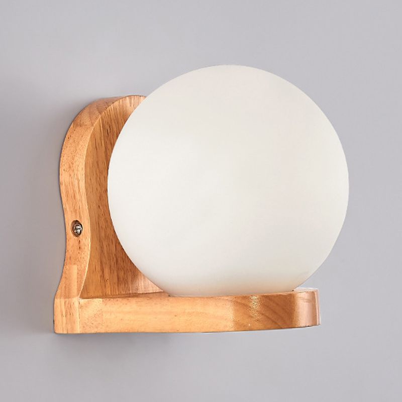 Nordic Wood Wall Light Globe 5.5" Wide Wall Sconce with White Glass for Bedroom