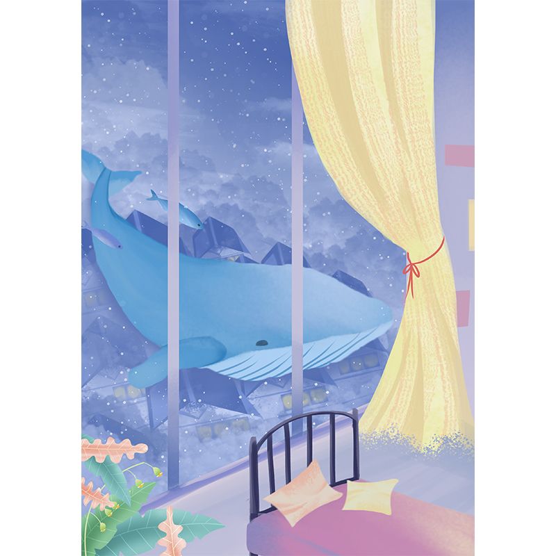 Whale Outside the Window Mural Purple-Yellow Childrens Art Wall Covering for Kids Room