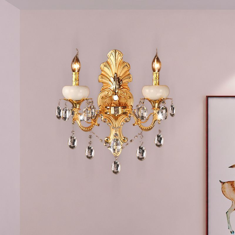 Gold Candle Sconce Light Traditional Metal 2 Heads Living Room Mur Mount Lumière avec Crystal Drop