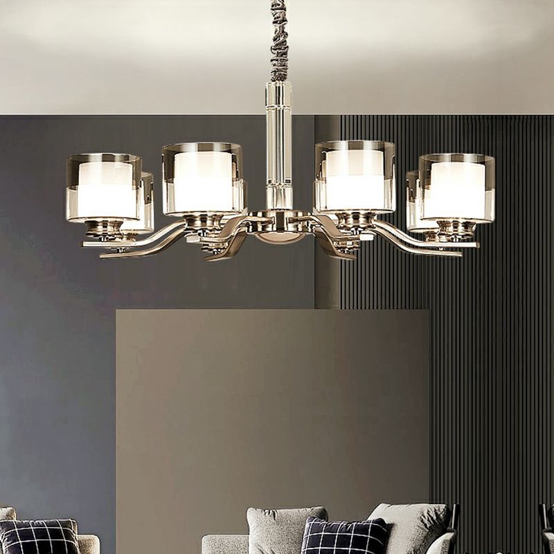 Cylindrical Restaurant Chandelier Frosted and Smoke Grey Glass Modern Hanging Light in Chrome