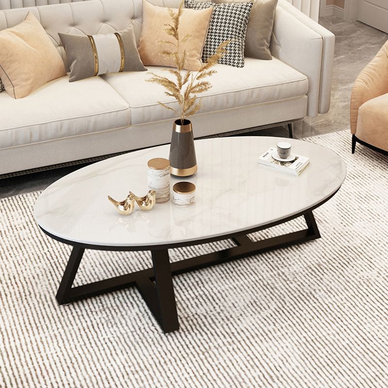 Cross Legs Coffee Table with Stone Oval Top and Iron Base Cocktail Table
