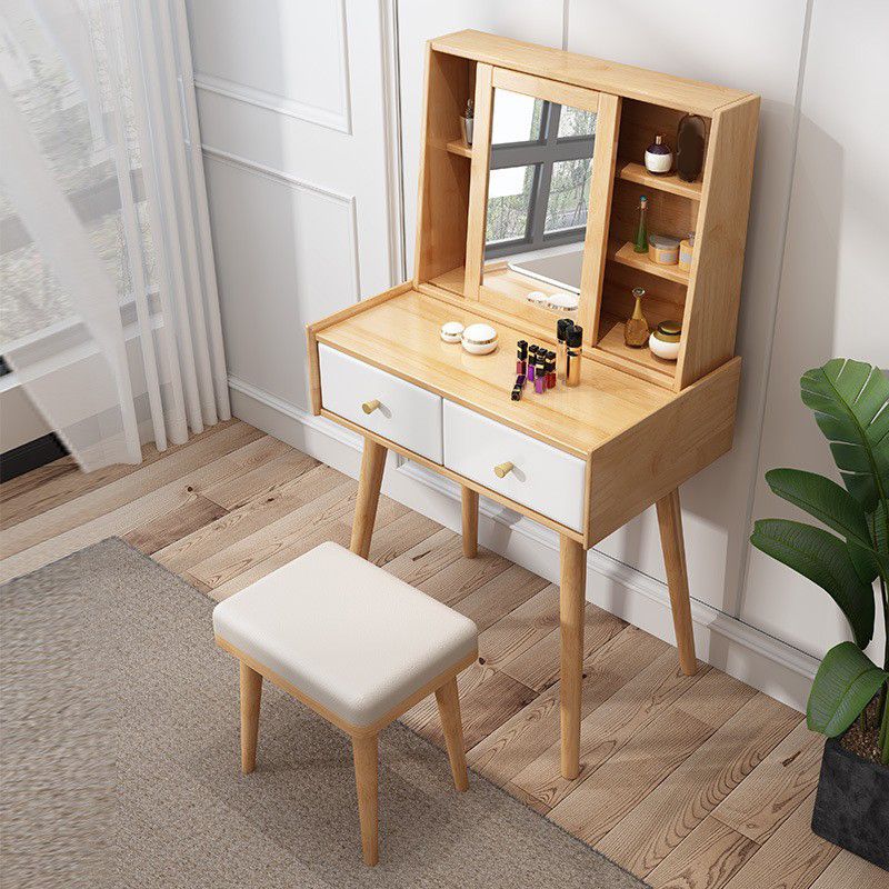 Wood Vanity and Stool 2 Drawers Mirrored Dressing Table for Bedroom