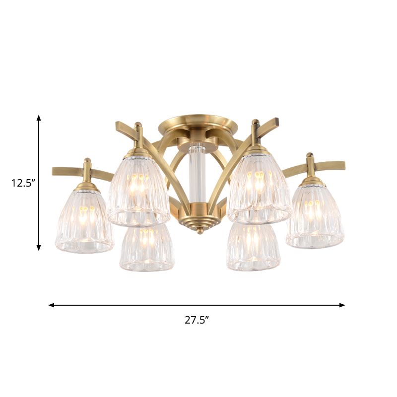 Cone in vetro trasparente semifulto vintage 6 lampadine sala da pranzo vicino alla lampada del soffitto in ottone