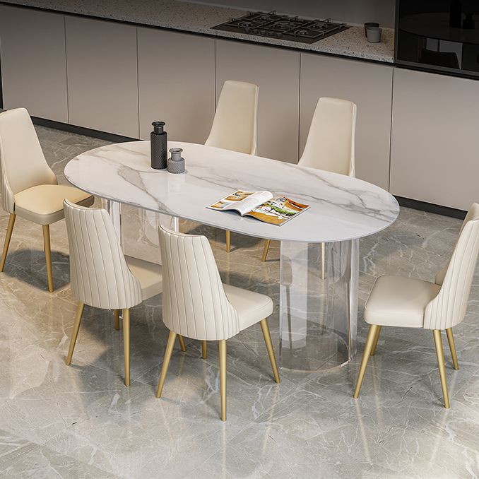 Sintered Stone Top Dining Table Modern White Table with Acrylic Double Pedestal