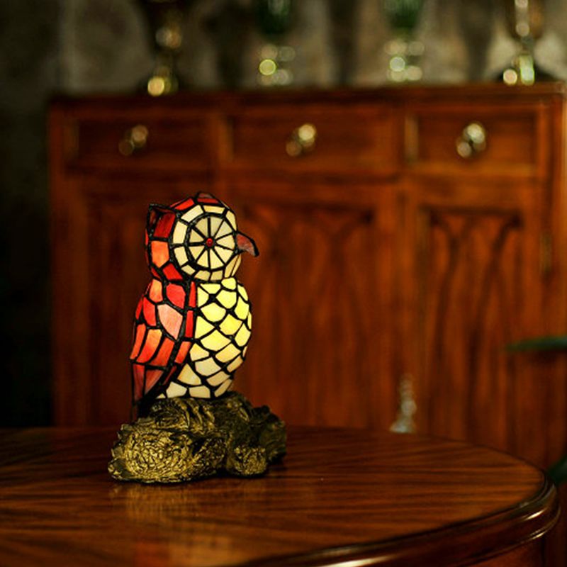 Lampada da tavolo da notte in vetro rosso colorato a forma di gufo 1 comodino in stile tiffany con base in resina