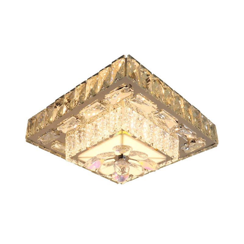 Clear Beveled Crystal Blocks Square Flushmount Contemporary LED Corridor Ceiling Lamp in Stainless-Steel