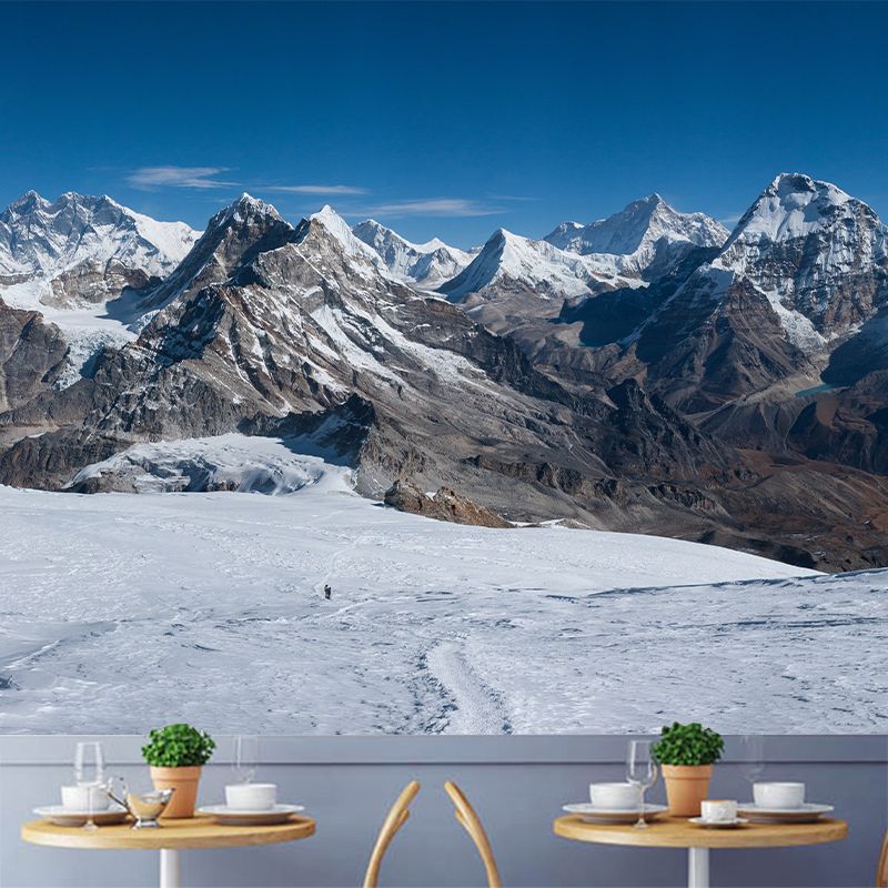 Extra Large Mountains Wall Mural for Bedroom Snow Scenery Wall Covering in Blue-Brown, Washable