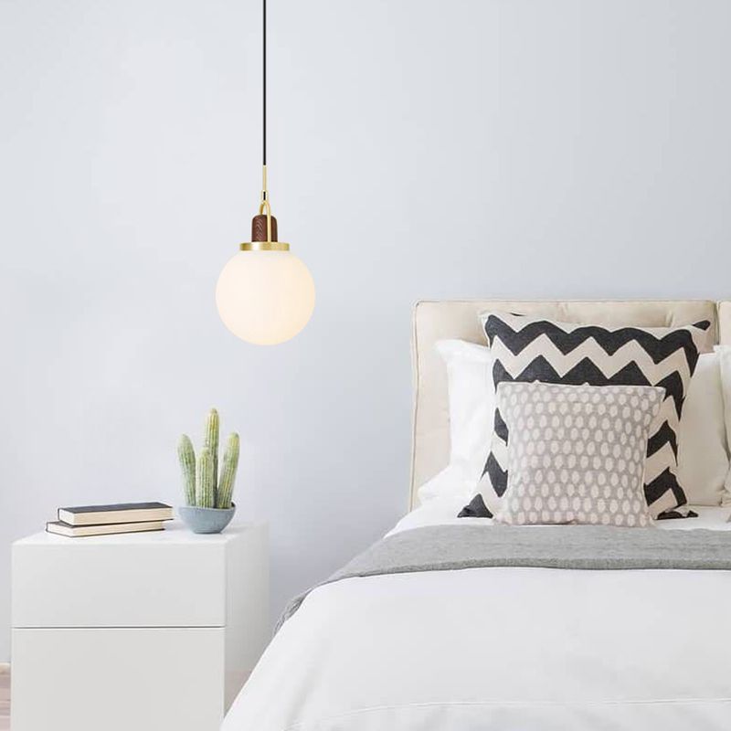 Opal Glass Ball Shade Pendulum Lamp Simple 1-Light Brass Pendant Light for Bedroom