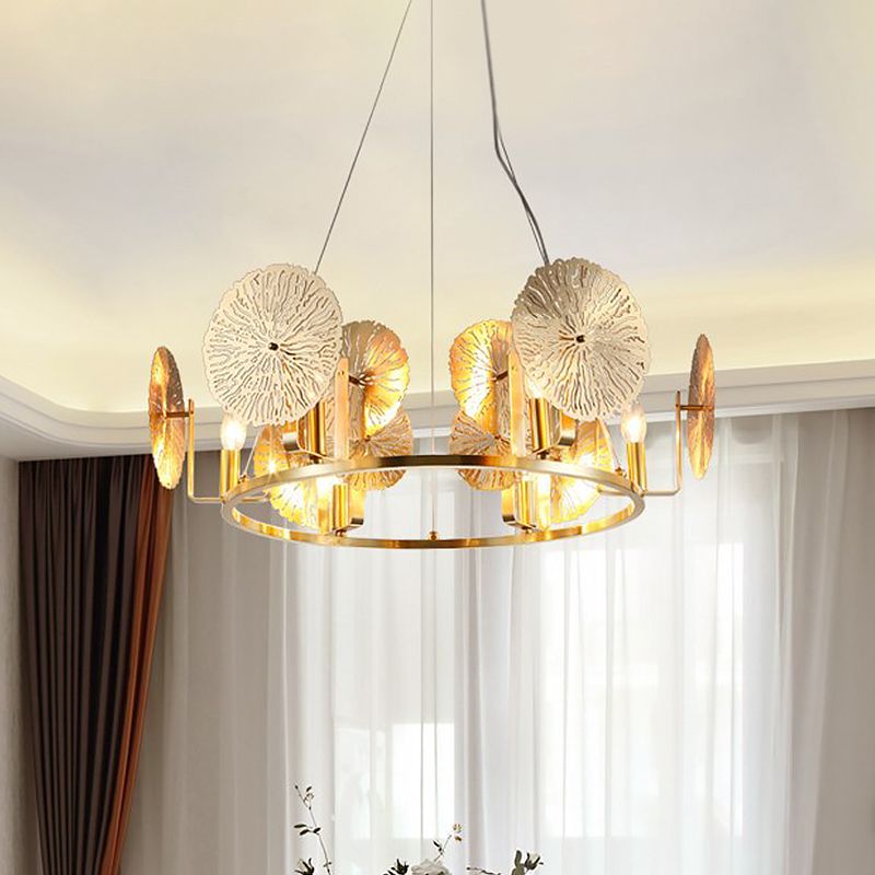 Post Modern Lotus Leaf Chandelier Metal 6 Lights Living Room Hanging Light in Brass with Ring Design