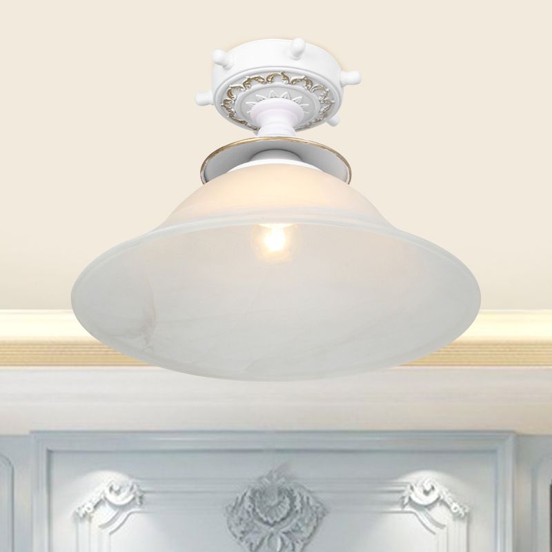 Bell Ceiling Lighting Nautical Opaline Glass 1 Bulb Hallway Semi Flush Mount Light in Black/White/Blue