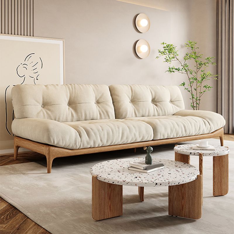 Cream Tufted Armless Sofa Wooden Frame Settee in Ash with Footrest