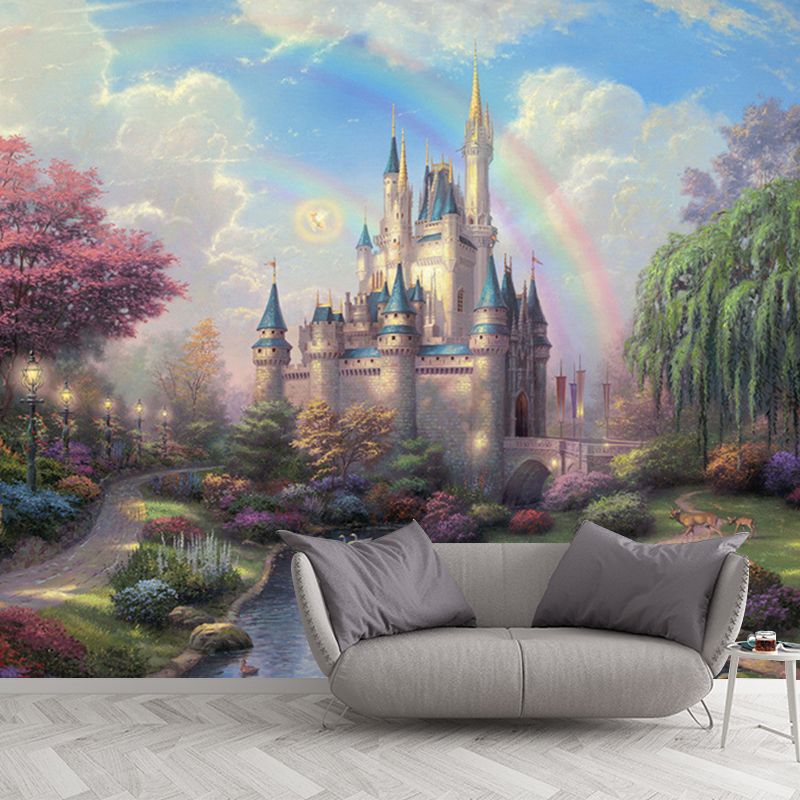 Classic Castle Painting Wall Murals for Living Room Customized Wall Art in Green-Pink-Blue