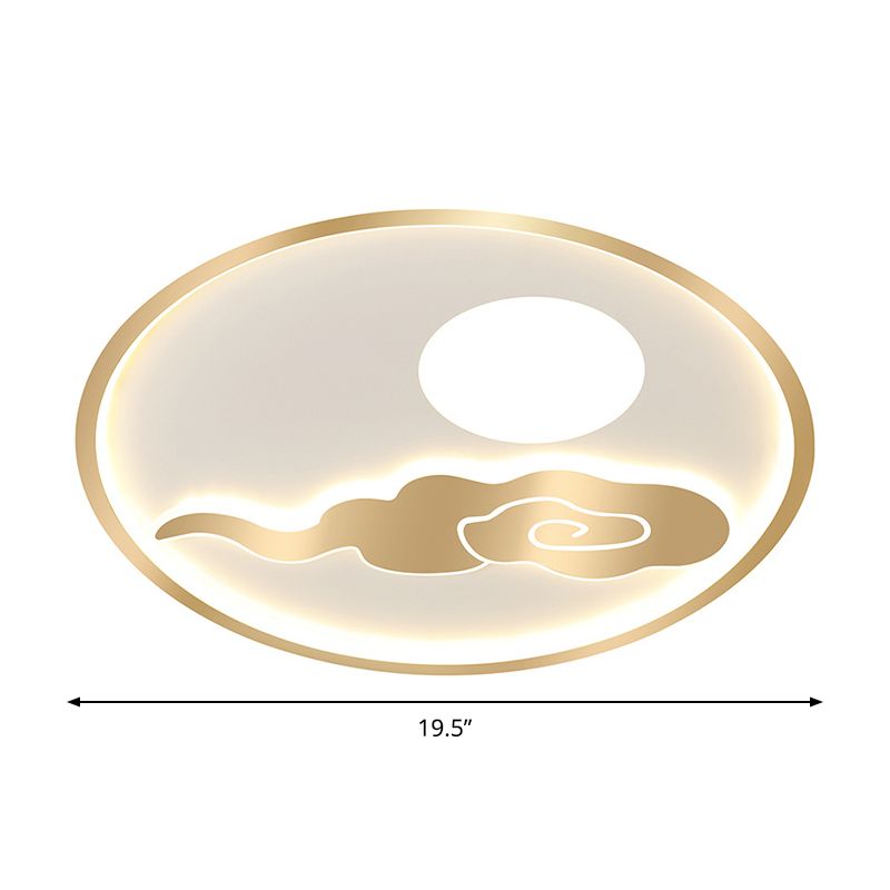 Simple Circle Flush Mount Acrylic LED Bedroom Ceiling Lighting with Moon and Cloud Design in Gold, Warm/White Light