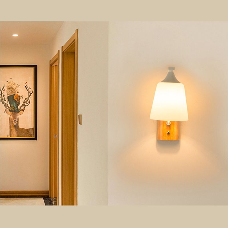 Modern Creative Dome Wall Lamp Wooden 1-Light Wall Sconce with White Glass Shade