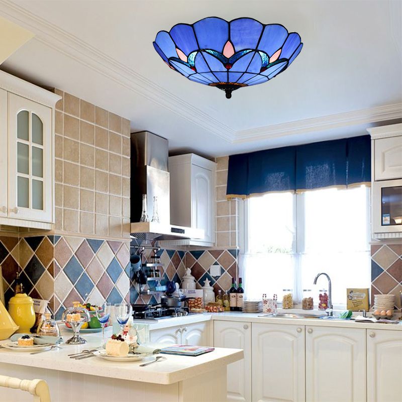 10"/12"/16"/19.5" W Bedroom Ceiling Lights Tiffany Dome Flush Mount Light Fixture in Blue with Jewel Decoration