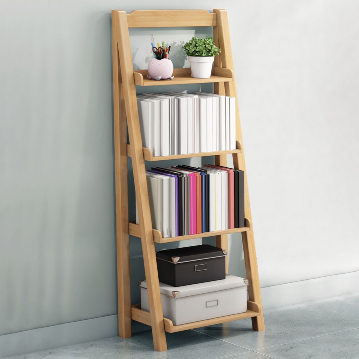 Solid Wood Bookshelf Modern Ladder Bookshelf 55.1" H X 14.2" W