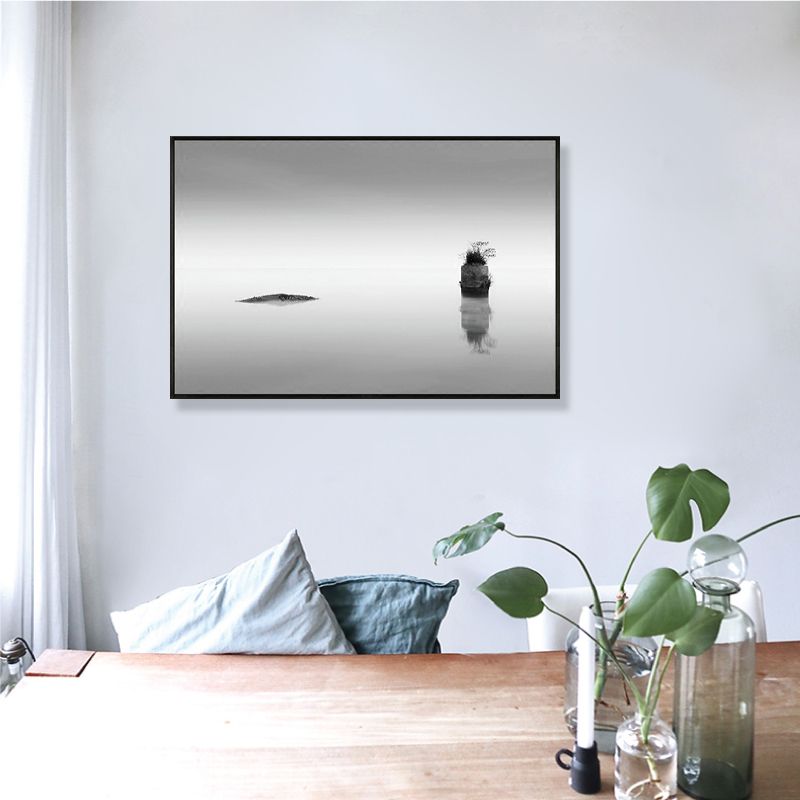 Photo Misty River Scene Canvas Print Modern Textured Dining Room Wall Art in Dark Color