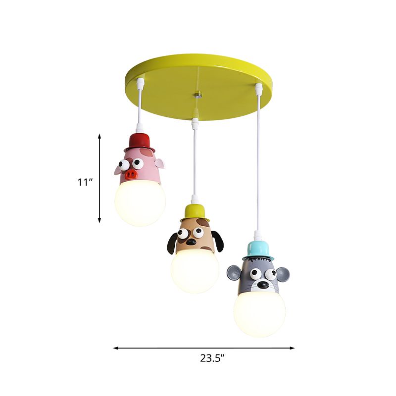 Cartoontiere Multi -Licht -Anhänger Metallic 3 Köpfe Kinderzimmer Hanging Deckenlampe in Gelb und Grün