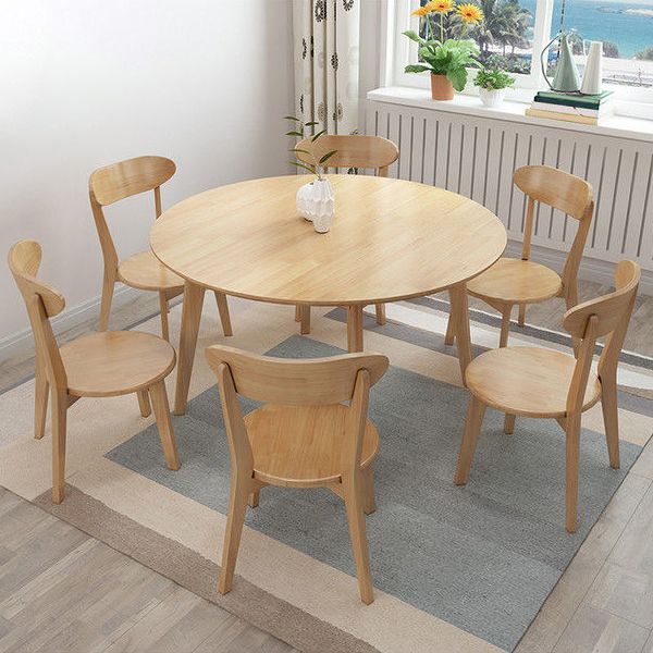Modern Rubber Wood Dinette Set 1/2/4/5/7 Pieces Round Beige Dining Table Set