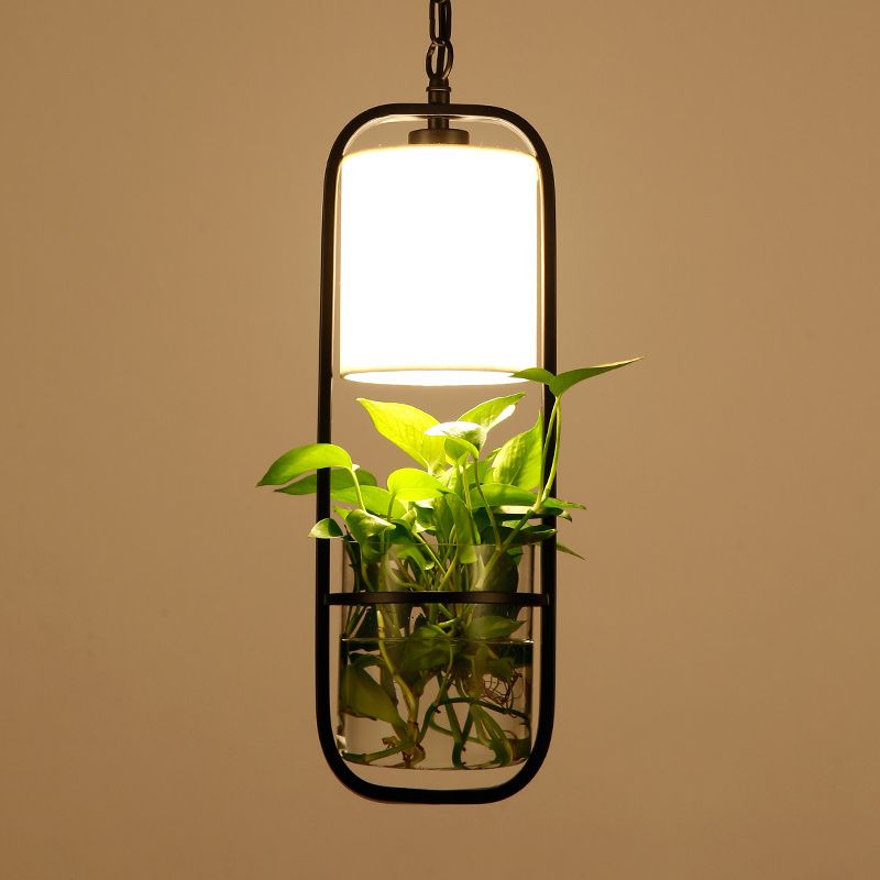 Rectangle Iron Hanging Light Rustic Single Restaurant Pendant Light with Fabric Shade and Clear Glass Planter in Black