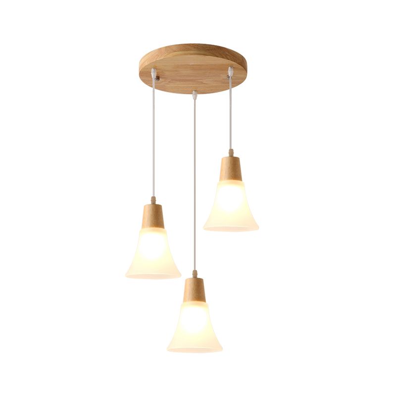 Bell/Bowl/Barrel Ceiling Hang Lamp Nordic Ivory Glass 3-Head Dining Room Round/Linear-Canopy Cluster Pendant in Wood