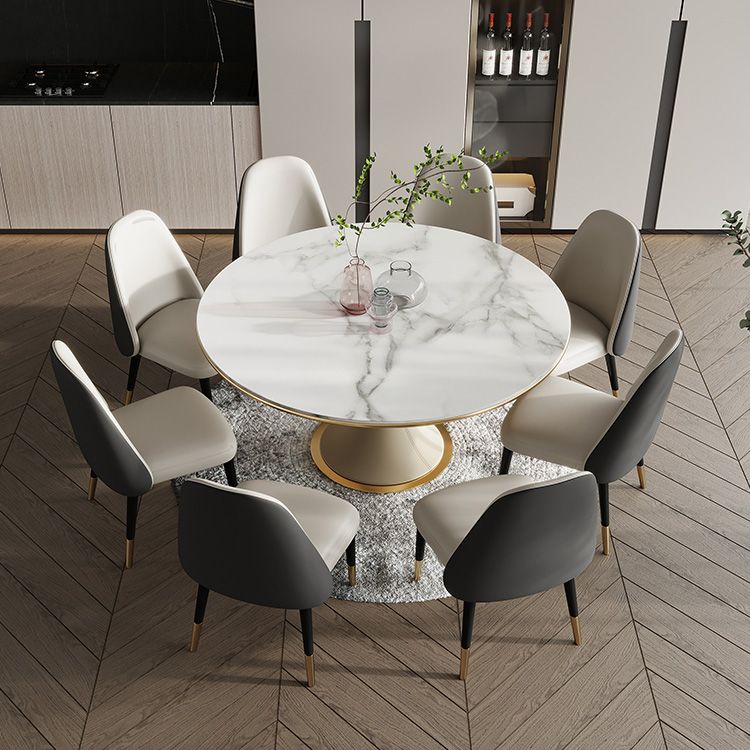 Mesa de comedor de lujo tradicional redonda mesa de piedra sinterizada blanca con base de pedestal blanco