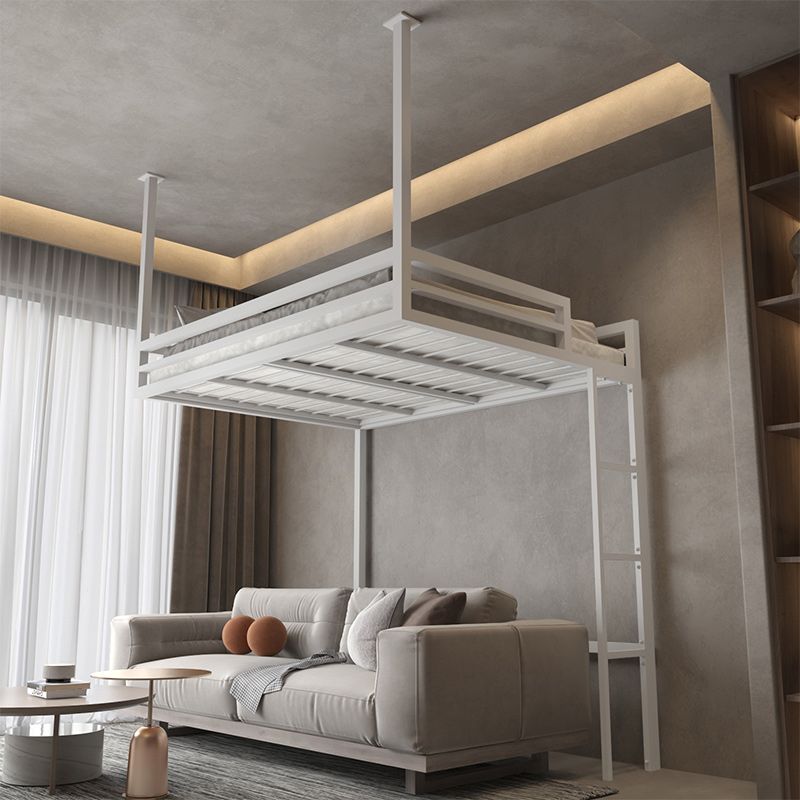 White/Black Loft Bed with Guardrail Metal Kids Bed with Built-In Ladder
