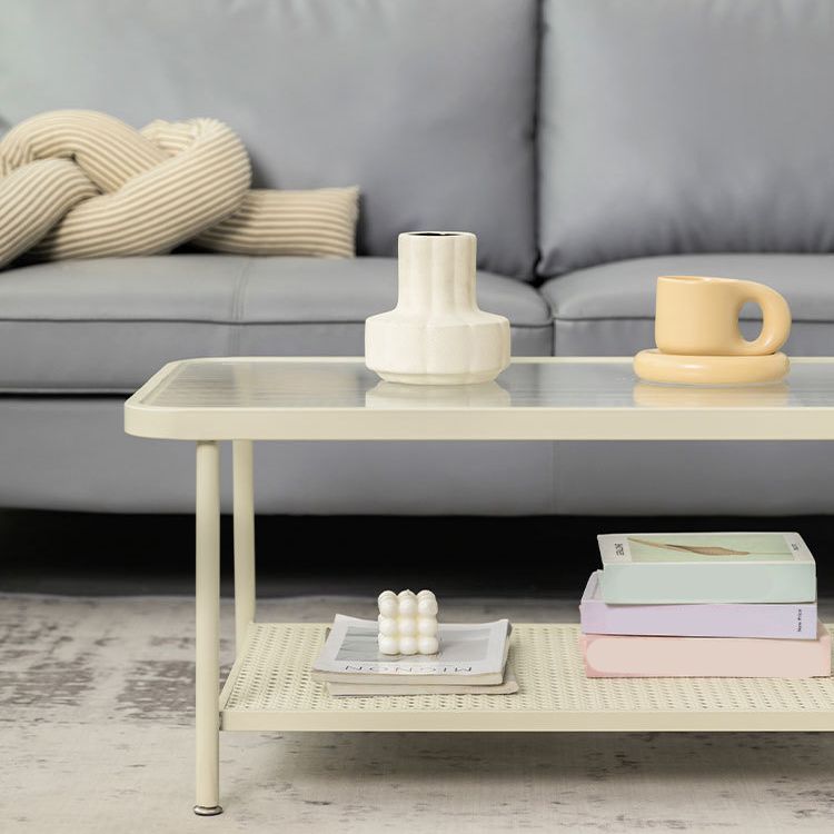 Glass Top Coffee Table 4 Legs Coffee Cocktail Table with Shelf