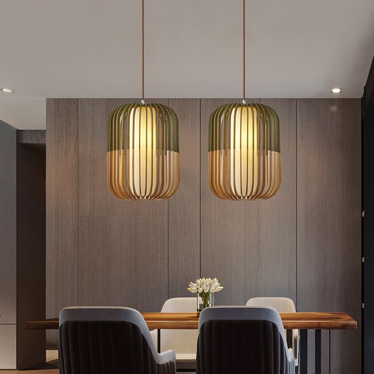 Green Color-Block Lantern Pendant Lamp Modern 1 Head Wooden Hanging Light for Dining Room