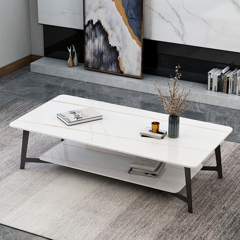 Modern White/Black Rectangle 4 Legs Coffee Table Slate and Metal Table