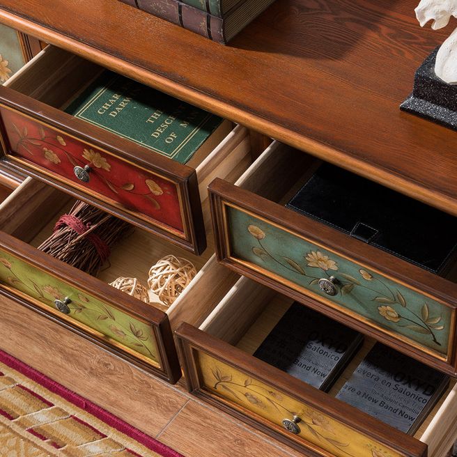 Traditional Rubberwood Media Console Matte Finish TV Media Stand with Drawers