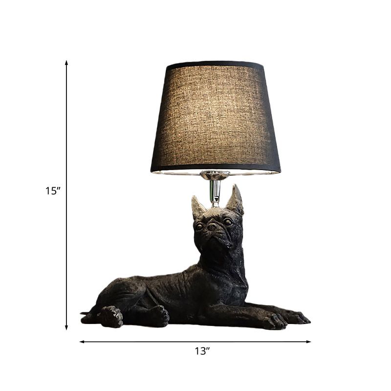 1 Bulb Fabric Night Table Light Traditional Black Drum Bedroom Nightstand Lamp with Resin Dog Base