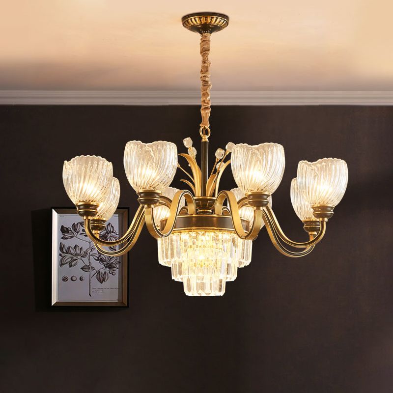 Braccio curvy soggiorno lampadario classico vetro prismatico in vetro a 8 luci oro a pendente