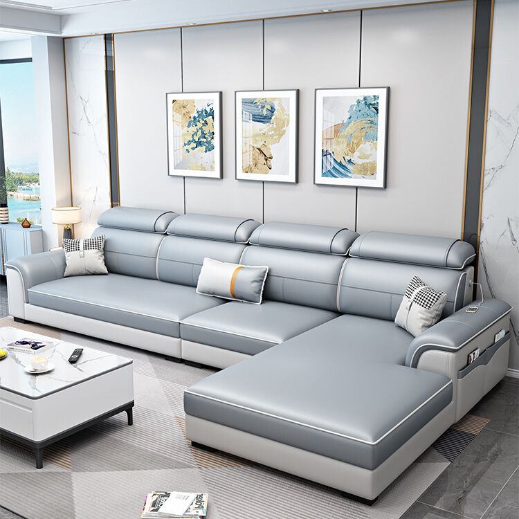 L-Shaped Blue Sectional Sofas Solid Wood Sectional Couch for Living Room