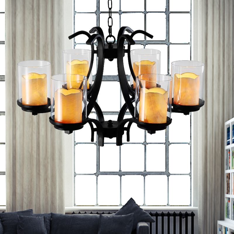 6 Lights Dining Room Ceiling Lamp Country Black Chandelier Light with Cylinder Marble and Clear Glass Shade